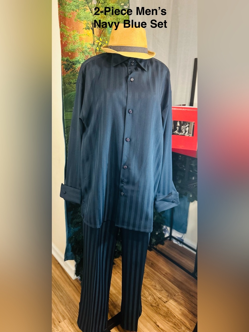 Smokey Joe’s Men's Navy Blue 2-Piece Striped Shirt & Pants Set